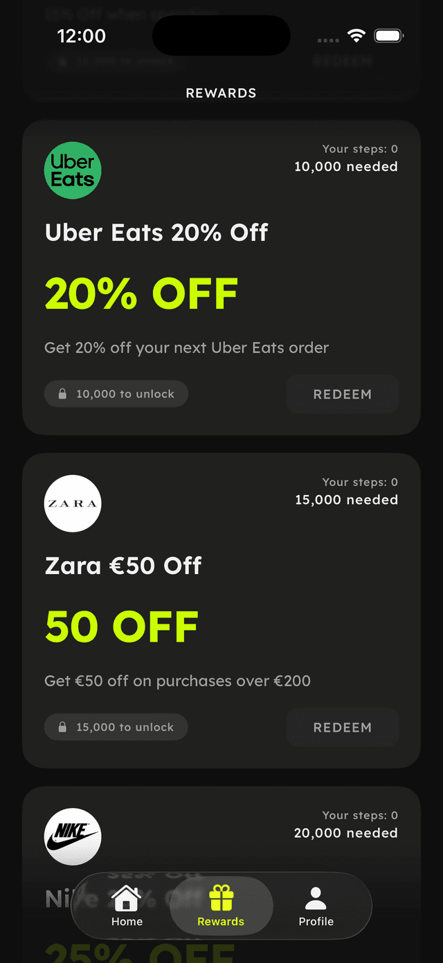 Just Walk rewards screen β Uber Eats, Zara, Nike partner deals