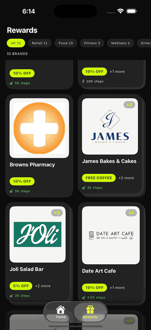 Just Walk rewards screen — Uber Eats, Zara, Nike partner deals