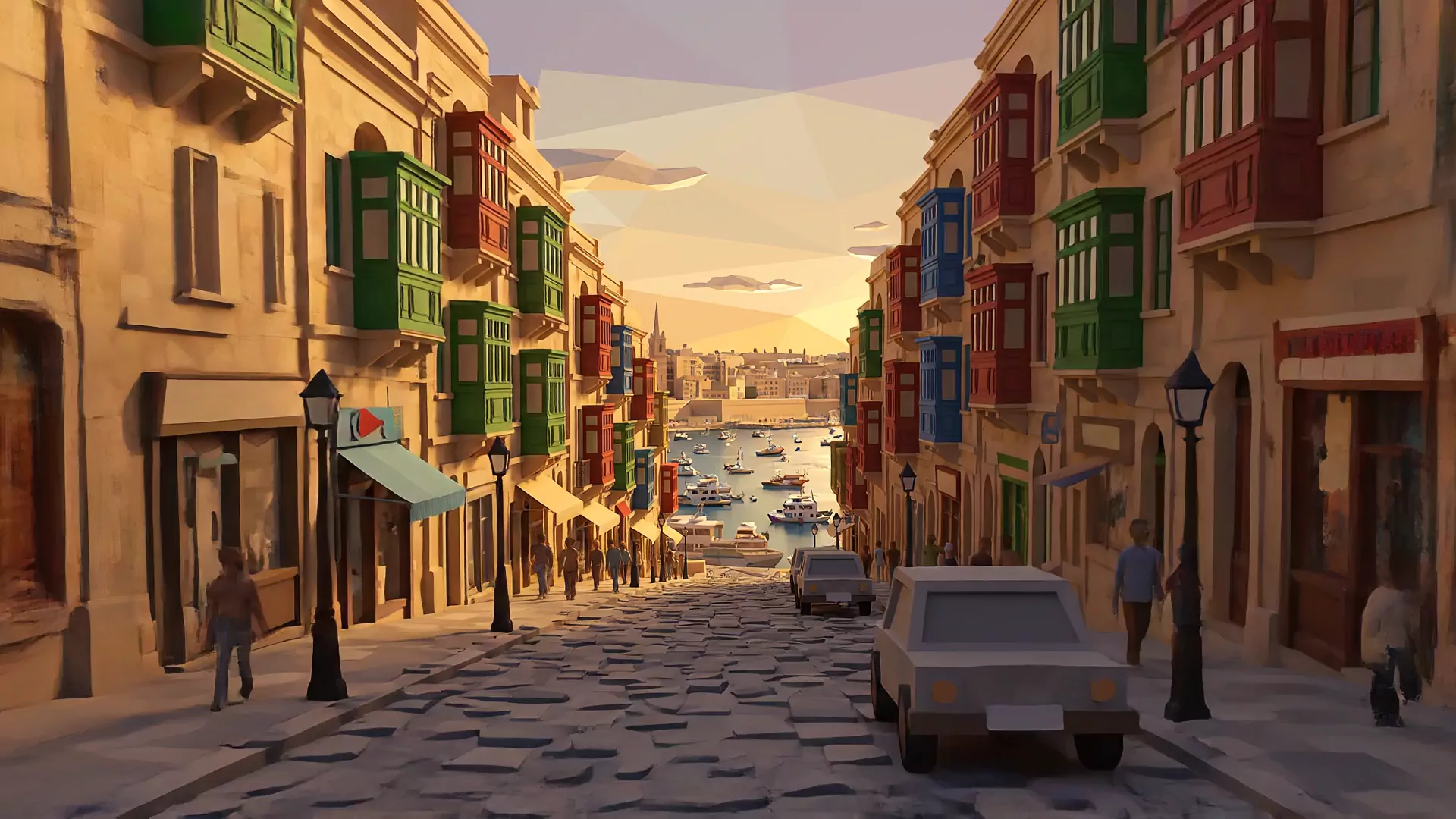 A sunlit Valletta street with coloured balconies, sloping down to the Grand Harbour
